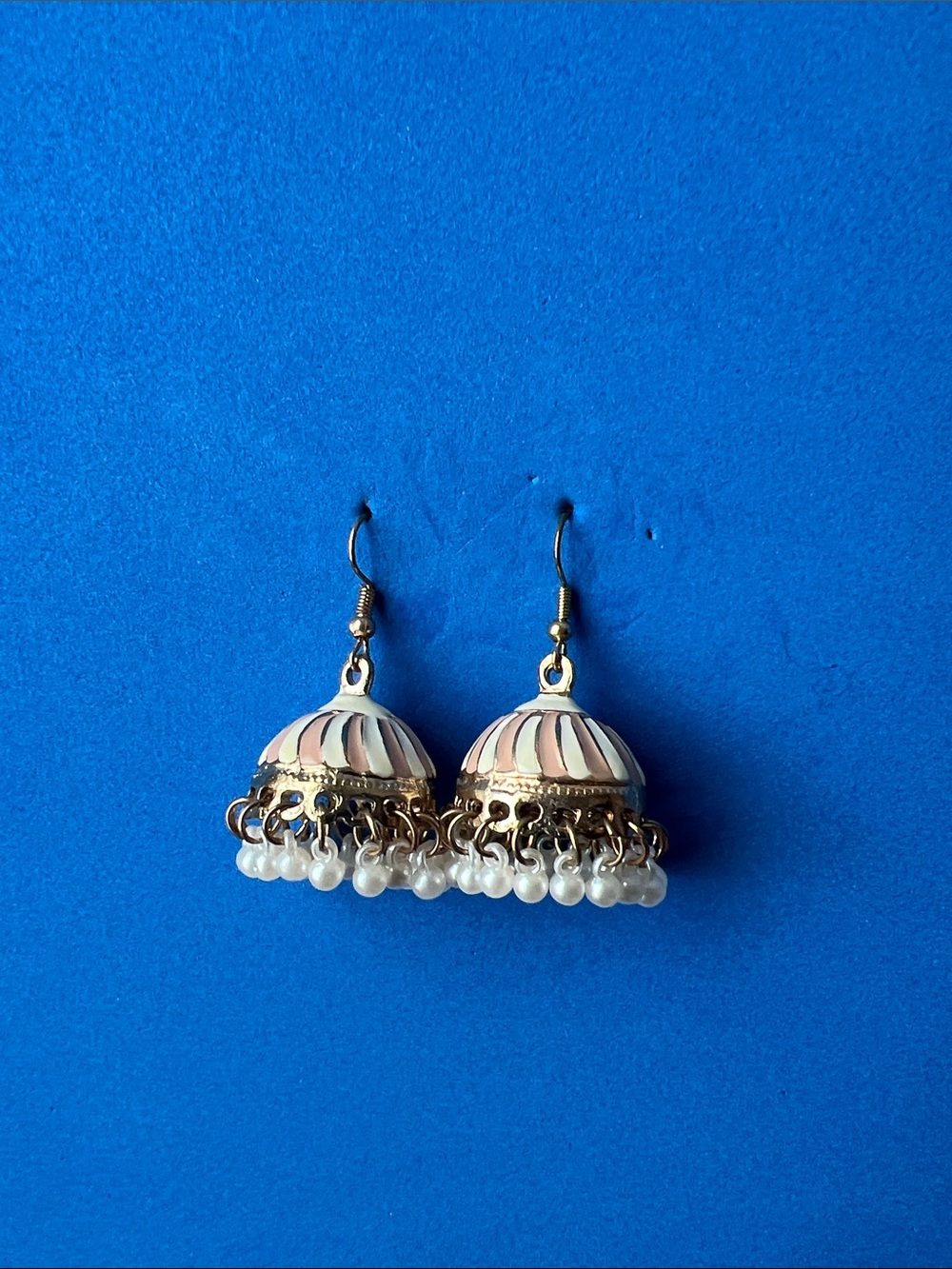 Gold-Tone Pink Enamel Jhumka Earrings with Pearl Fringe